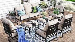 MFSTUDIO 7 Pieces Patio Conversation Sets(Up to 9 Seat),Outdoor Metal Furniture Sofas with 1 x 3-Seat Sofa, 2 Single Chairs,2 Swivel Chairs and 2 Ottoman,Wrought Iron Frame with Beige Cushion
