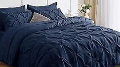 CozyLux King Size Comforter Set - 7 Pieces Comforters King Size Navy Blue, Pintuck Bed in A Bag Pinch Pleat Bedding Sets with All Season Comforter, Flat Sheet, Fitted Sheet and Pillowcases & Shams