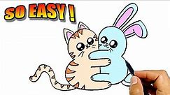 How to draw a cute cat and bunny hugging easy version | Simple Drawings For Beginners