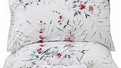 QSH Floral Queen Size Sheet Sets - 100% Egyptian Cotton Sheets Elegant Botanical Flower Leaves Bird Printed Bedding Sheets Queen Size Bed Extra Soft and Breathable 4pcs Deep Pockets Bed Sheets
