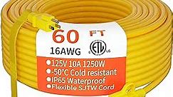 HUANCHAIN Outdoor Extension Cord 60 Foot Waterproof, 16/3 Gauge Flexible Cold-Resistant Appliance Extension Cord Outside, 10A 1250W 16AWG SJTW, 3 Prong Heavy Duty Electric Cord Yellow, ETL