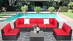 7 PCS Patio Furniture Sets Conversation Sets - Outdoor Sets Sectional Sofa Set with Tea Table and Washable Red Cushions, PE Black Rattan Sofa for Backyard/Pool