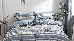 BISELINA 100% Washed Cotton Bedding Duvet Cover Set, Striped Quilt Cover with Pillowcase,3 Pieces of Super Breathable Soft Comfortable Chic Linen Bedding (Twin, Button Closure Blue)