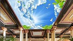 Custom 3D Ceiling Mural Blue Sky White Clouds Wallpaper Birds Green Trees Peel and Stick Wallpaper Living Room Home Decoration