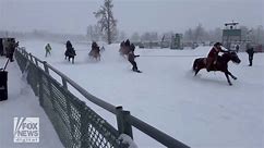 Horses pull skiers and snowboarders during freezing skijoring event in Canada