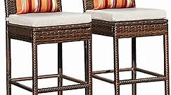 Sundale Outdoor Bar Stools 30 Inch Seat Height Set of 2, Patio Wicker Counter Stools with Back Rest, High Brown Rattan Chair with Pillow & Beige Cushion, All-Weather Armless Tall Pub Barstool