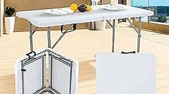 Camping Table, 4 Foot Portable Folding Tables with Handle and Steel Legs, Adjustable Height Folding Table for Camping, Dining, Party, Picnic, Folding Card Table White Folding Table Plastic Tables