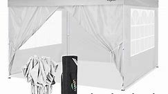 COBlZI 10'x10' Ez Pop Up Canopy Tent with 4 Sidewalls,Commercial Instant Gazebo Tents with 4 Sand Bags & 8 Stakes,Outdoor Patio Canopy for Parties,Backyard（White)