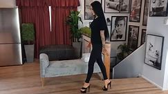 Rose Unboxes Black 6 Inch High Heel Mules With Textile Circular Fashion Strap