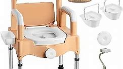 RHHBQQ Bedside Commodes Chair,Portable Toilet Chair,Potty Chair up to 660 lbs,Height Adjustable Senior/Disabled Commode Toilet for Home Use,Comes with Sensor Light (Khaki)