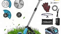 Electric Weed Wacker Cordless Weed Eater Battery Powered 3000mAh, Brush Cutter Push Lawn Mower With Wheels String Trimmer Edger Lawn Tool, 3 IN 1 Grass Trimmer Heavy Duty Metal & Nylon Blade,10m Spool