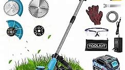Electric Weed Wacker Cordless Weed Eater Battery Powered 3000mAh, Brush Cutter Push Lawn Mower With Wheels String Trimmer Edger Lawn Tool, 3 IN 1 Grass Trimmer Heavy Duty Metal & Nylon Blade,10m Spool