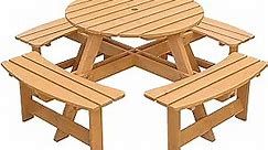Gardenised Wooden Outdoor Patio Garden Round Picnic Table with Bench, 8 Person-Stained
