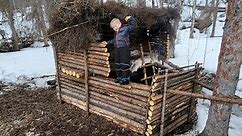 Bushcraft Log Cabin Build - 8 Days Winter Camping & Cooking in Primitive Shelter.#SoloCamping #BuildingSurvivalShelter #CampingChallenge