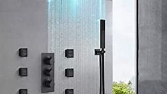 Matte Black LED Shower System - Large Ceiling Rainfall Shower Faucet Set with 6 Massage Body Jets and Handheld Spray Bathroom Wall Shower Fixtures Combo with Thermostatic Valve and Shower Head 12 Inch