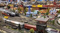Departing on Track 8 from UNION STATION is the Lionel CP F3 Passenger Train while Lionel New Haven PA's pulling a freight train in the background while the Amusement Park is... - Corner Field Model Railroad Museum & Trading Post Train Shop