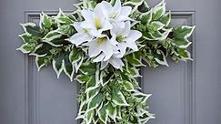 Beautiful Ficus Cross wreath with Easter lilies now available in my online store. One ready to ship and many made to order. www.Kclee.co #kcleeco #kcleewreaths #easter #easterwreath #eastercross #crosswreath #easterlily @greenery_market #ficus #verigatedficus | Kclee.co