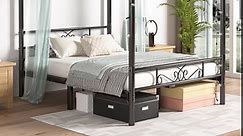 Metal Canopy Bed Frame Queen Size, Four-Poster Canopied Platform Bed with Headboard, No Box Spring Required, Easy Assembly, 14 Inch Ground Clearance, Matte Black