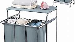 ALIMORDEN Laundry Sorter with Sturdy Ironing Board and Folding Table Top Lid, Laundry Hamper Organizer with 4 Wheels for Laundry Room Blue Grey