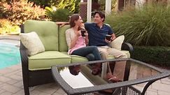 Hanover Orleans Grey 4-Piece All-Weather Wicker Patio Seating Set with Navy Blue Cushions, 4 Pillows and Glass Top Coffee Table ORLEANS4PCSW-G-NVY