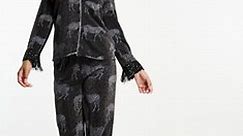 Chelsea Peers metallic rib zebra print button top and pants pajama set in black | ASOS