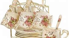 YOLIFE Ivory Pink Rose Ceramic Cups and Saucers Set 8 OZ, Set of 6 Vintage Floral Porcelain Tea Cups Set Fancy Coffee Cups with Golden Rack
