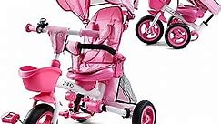 JMMD Baby Tricycle, 7-in-1 Folding Kids Trike with Adjustable Parent Handle, Safety Harness & Wheel Brakes, Removable Canopy, Storage, Stroller Bike Gift for Toddlers 18 Months - 5 Years(Pink)
