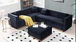 2PCS Contemporary Vertical Channel Velvet Tufted Living Room Furniture Sets Include 3 Seaters Couch*2, L-Shaped Corner Sectional(Two 3seaters Sofas) with Gold Metal Strip Decor for Apartment Office