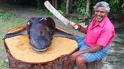 GIANT FISH HEAD CUTTING AND COOKING | Cobia Fish Head Curry Prepared by Daddy | Farmer Cooking