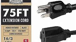 Weatherproof Black Extension Cord 75 ft, 16/3 SJTW 75 Foot Outdoor Extension Cord 3 Prong, Heavy Duty Exterior Power Cable Great for Outdoor Lights, Landscaping & Lawn - UL Certified