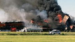 Fires rage following Texas freight train collision – video