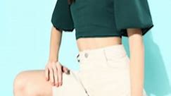 Buy Mast & Harbour Teal Green Solid Puff Sleeve Crop Top -  - Apparel for Women