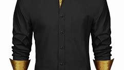 HISDERN Men Dress Shirts Long Sleeve Formal Shirt Casual Button Down Shirt Contrast Shirt Black Glod