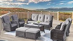 Wicker Patio Furniture Sets - 8 Piece Rattan Outdoor Furniture Conversation Sets with 4 Swivel Rocker Chairs, Rattan Sofa, Wicker Ottomans and Coffee Table, Brown/Grey