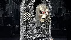 Tombstones Halloween Decorations Outdoor Scary Animatronics, Gravestone Halloween Decor with Skull Head, Light-up LED Eyes, Zombie Hands, Spooky Sound, Scary Halloween Props for Outside
