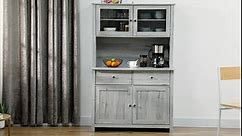 HOMCOM 63.5" Kitchen Buffet with Hutch, Pantry Storage Cabinet with 4 Shelves, Drawers, Framed Glass Doors, Open Microwave Countertop, Ash Grey