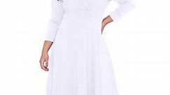 POSESHE Plus Size Women's Solid 3/4 Sleeve Evening Gown, Flowy V-Neck Maxi Dress