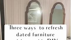 Here are three ways to refresh dated furniture without a big DIY. My inlaws had a matching bedroom furniture set from the 80s that used to belong to my mother-in-law’s parents. They really wanted to keep it. So here are three ways we updated the set. First, we removed especially dated elements, like the mirrors on the dresser. By removing the two dated mirrors and adding in a new modern one, the dresser feels updated. Other things you can remove are extra trim, hardware, or upholstery skirts. Se