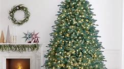 OasisCraft 9 FT Pre-lit Christmas Tree, Hinged Blue Spruce Artificial Christmas Tree with Realistic 4668 Thicken Tips and 1500 Clear Lights