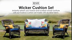 Indoor Outdoor 3 Piece Tufted Wicker Settee and Chair Cushion Set by RSH Décor, All Weather & Fade Resistant Polyester Fabric, 1 Loveseat Cushion 41”x19” & 2 U-Shape Chair Cushion 19”x19”