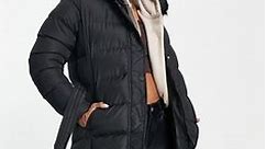 Threadbare Petite Emerald belted puffer jacket with faux fur trim hood in black | ASOS