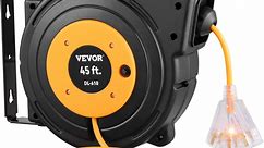 VEVOR Retractable Extension Cord Reel, 45 ft, Heavy Duty 12AWG/3C SJTOW Power Cord, with Lighted Triple Tap Outlet, 15 Amp Circuit Breaker, 180° Swivel Bracket for Ceiling or Wall Mount, UL Listed