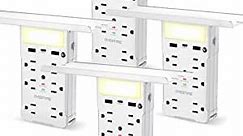 6 Outlet Extender Surge Protector with Fast Charging USB and USB Type C Ports, Smart Night Light, and Removable Wall Outlet Shelf - Upgrades Any Socket to Be More Efficient & Organized (4-Pack)
