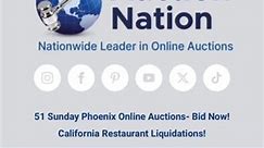 51 online auctions TODAY in the Phoenix area California Restaurant Liquidations! Bid at AuctionNation.com #auctionnation #phoenixauctions #onlineauctions #overstockretail #californiaonlineauction #RestaurantEquipmentAuction #LiquidationDeals #onlineauctions #californiaauctions #restaurantliquidations | Auction Nation