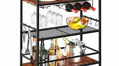 Bar Carts for The Home, 3-Tier Rolling Kitchen Cart with Wine Rack and Wheels, Home Bar Serving Carts with Hooks Wine Cart Microwave Cart for Kitchen Living Room