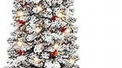 6.5ft Flocked Pencil Christmas Tree with 550 Snow Branch Tips, 250 Lights, Pinecones and Berries - White Indoor Holiday Decoration