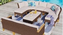 11-Piece Outdoor Wicker Half-Round Furniture Set, Half-Moon Sectional Sofa All Weather Curved Conversation Set - Bed Bath & Beyond - 37667050