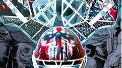 Punisher-themed goalie mask with a Mike Smith-style bottom half. White leather was replaced with nanotech bullet proof “graphene”. Sides feature old school Punisher cartoon character. Top feature red honeycomb digitsl camo with Punisher skull logo #goaliemask #goaliemaskartist #goaliemaskpainting #goaliemaskart #goaliemasks #hockey #helmet #art #punisher