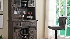 OKD Bar Cabinet Kitchen Pantry Storage Cabinet with Wine and Glass Rack, Drawers, Adjustable Shelves (Dark Rustic Oak)