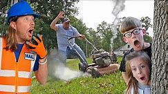 Handyman Hal helps friend with Lawn Care | Mowers and leaf blowers for kids